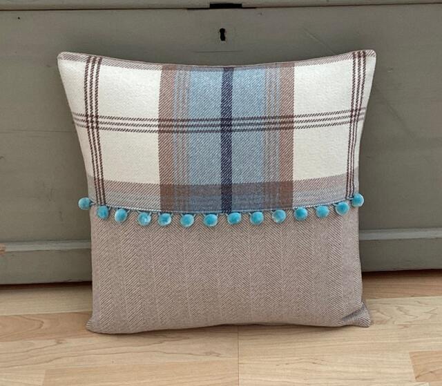 Balmoral Tartan Plaid Throw Pillow Cover Sky Blue Tweed With Pom Trim - image 1
