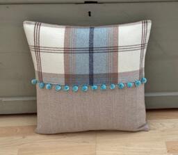 Balmoral Tartan Plaid Throw Pillow Cover Sky Blue Tweed With Pom Trim - thumbnail 1