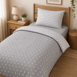 Single Duvet Cover Set, Oeko-Tex Certified 100% Cotton, Grey Stars & Chevron Reversible Bedding, 2 Or 3 Piece Set - thumbnail 1