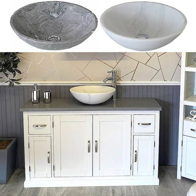Off White Painted Bathroom Vanity Unit Cabinet Stone Basin Tap Set Grey Quartz Top 402Pgqsbcx1 - image 1
