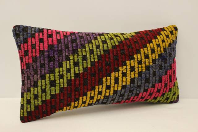 Vintage Kilim Lumbar Pillow, Bohemian Wool Cushion, 10x20 - image 1