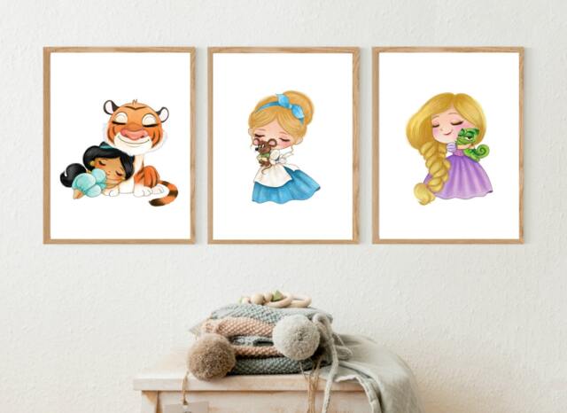 Set Of 3 Fairytale Princess Prints, Nursery Wall Decor, Baby Shower Gift Girl, Printable Theme Idea, Cinderella, Rapunzel , Girl Room
