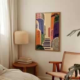 Japanese Abstract Door Poster - Orange Green Asian Calligraphy Art Modern Ukiyo Style Print - thumbnail 2