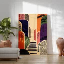 Japanese Abstract Door Poster - Orange Green Asian Calligraphy Art Modern Ukiyo Style Print - thumbnail 3
