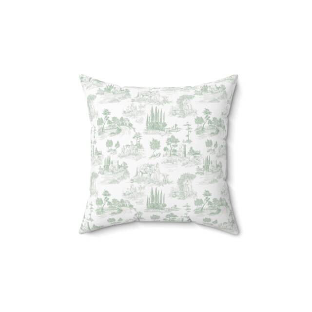Sage Green Toile De Jouy Pillow Cover - Soft Faux Suede Fabric Pretty Vintage French & White Decorative Cushion - image 1