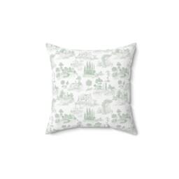 Sage Green Toile De Jouy Pillow Cover - Soft Faux Suede Fabric Pretty Vintage French & White Decorative Cushion - thumbnail 1