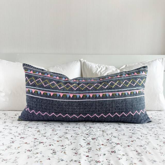 Vintage Thai Hmong Pillow Cover Hand Block Print Patchwork, Boho Chic - image 1