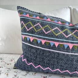 Vintage Thai Hmong Pillow Cover Hand Block Print Patchwork, Boho Chic - thumbnail 3