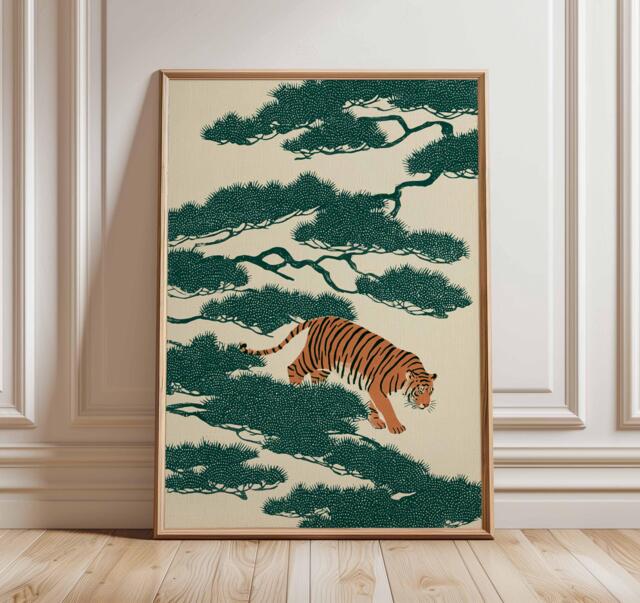 Japanese Tiger Art Print, Minimalist Zen Jungle Poster - image 1