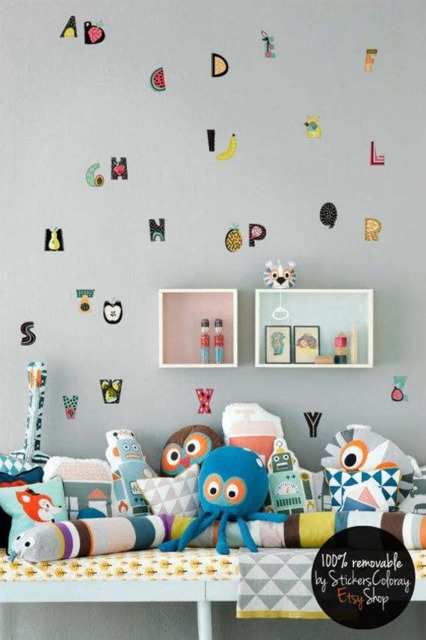 Alphabet Wall Decal, Fruit Pattern Sticker, Child Room Decor, Tiny Colorful Playroom Stickers Set, Kids #1S - image 1