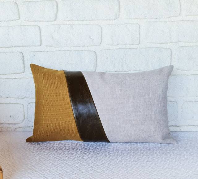 Color Block Pillow Cover Olive, Beige Linen & Mustard Fabric - image 1