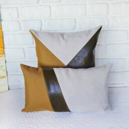 Color Block Pillow Cover Olive, Beige Linen & Mustard Fabric - thumbnail 2