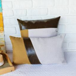 Color Block Pillow Cover Olive, Beige Linen & Mustard Fabric - thumbnail 3