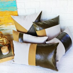 Color Block Pillow Cover Olive, Beige Linen & Mustard Fabric - thumbnail 4