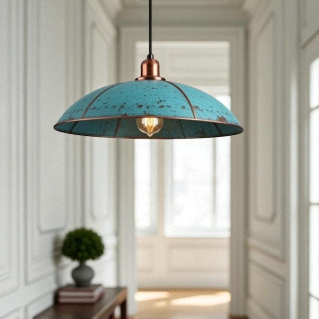 Handmade Copper Dome Pendant Light Rustic Blue Patina, Industrial Lighting - image 1