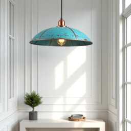 Handmade Copper Dome Pendant Light Rustic Blue Patina, Industrial Lighting - thumbnail 4
