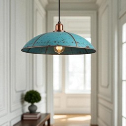 Handmade Copper Dome Pendant Light Rustic Blue Patina, Industrial Lighting - thumbnail 1