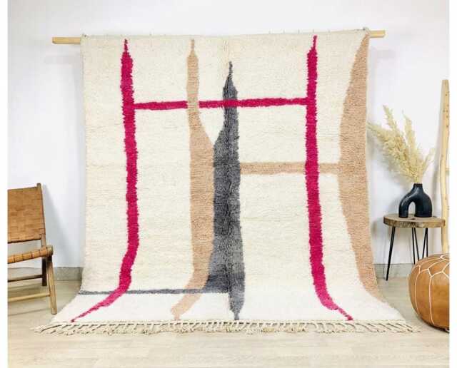 Moroccan Ivory Berber Rug, Handwoven Wool Shag Rug With Abstract Pink Lines, Authentic Beni Ourain Carpet, Boho Nursery Large Area - image 1