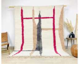 Moroccan Ivory Berber Rug, Handwoven Wool Shag Rug With Abstract Pink Lines, Authentic Beni Ourain Carpet, Boho Nursery Large Area - thumbnail 1