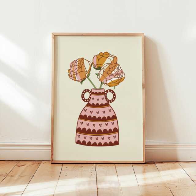 Peonies Stripe Flower Vase Print, Bold Colourful Wall Artwork, Unframed in Orange, Green, Pink - image 1