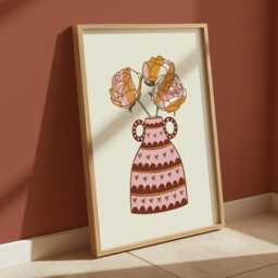 Peonies Stripe Flower Vase Print, Bold Colourful Wall Artwork, Unframed in Orange, Green, Pink - thumbnail 3