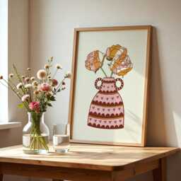 Peonies Stripe Flower Vase Print, Bold Colourful Wall Artwork, Unframed in Orange, Green, Pink - thumbnail 2