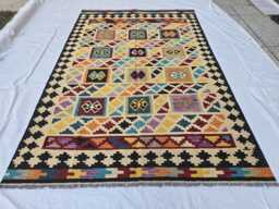 7??10 Ft Kilim Rug For Living Room - Flatweave Geometric Tribal Wool - thumbnail 1