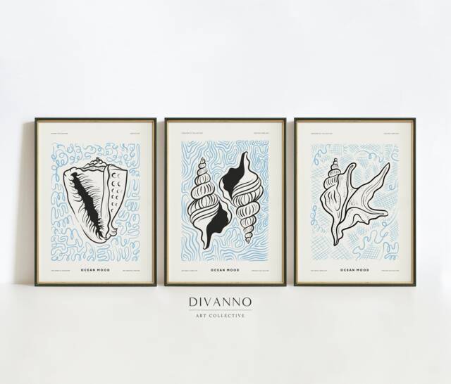Blue Sea Set Of 3 Prints, Nautical Gallery Wall Art, Ocean Mood Collection, Summer Decor, Minimalist Shells Canvas, Modern Art Gift, Digital - image 1