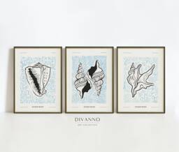 Blue Sea Set Of 3 Prints, Nautical Gallery Wall Art, Ocean Mood Collection, Summer Decor, Minimalist Shells Canvas, Modern Art Gift, Digital - thumbnail 1