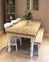 Farmhouse Dining Table Set With Bench. Rustic Wood - Handmade Kitchen Table in Any Size - thumbnail 1
