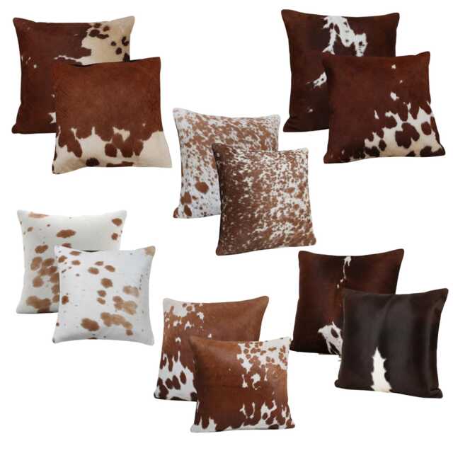 Brown White Cowhide Leather Cushion Cover 16x16, Natural Animal Pattern Home Decor - image 1