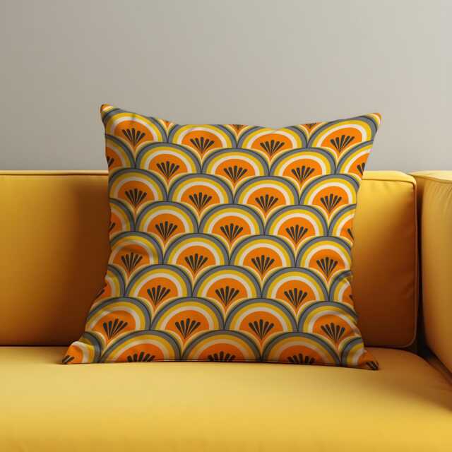 Retro Geometric Cushion Cover, Orange & Mustard Art Deco Throw Pillow 70S Farmhouse Fan Pattern, Mid Century Sofa Decor - image 1