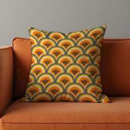 Retro Geometric Cushion Cover, Orange & Mustard Art Deco Throw Pillow 70S Farmhouse Fan Pattern, Mid Century Sofa Decor - thumbnail 2