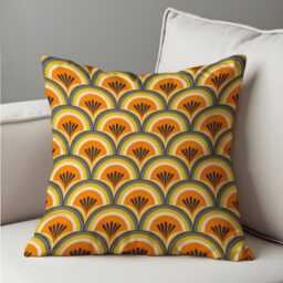 Retro Geometric Cushion Cover, Orange & Mustard Art Deco Throw Pillow 70S Farmhouse Fan Pattern, Mid Century Sofa Decor - thumbnail 3