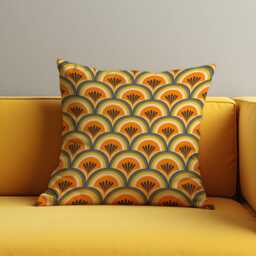 Retro Geometric Cushion Cover, Orange & Mustard Art Deco Throw Pillow 70S Farmhouse Fan Pattern, Mid Century Sofa Decor - thumbnail 1