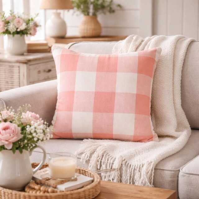 Peach Pink Buffalo Check Pillow Cover, Contemporary Plaid Cushion - image 1