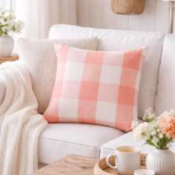 Peach Pink Buffalo Check Pillow Cover, Contemporary Plaid Cushion - thumbnail 2