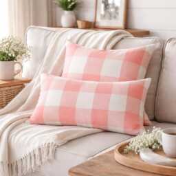 Peach Pink Buffalo Check Pillow Cover, Contemporary Plaid Cushion - thumbnail 3