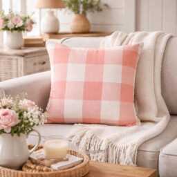 Peach Pink Buffalo Check Pillow Cover, Contemporary Plaid Cushion - thumbnail 1