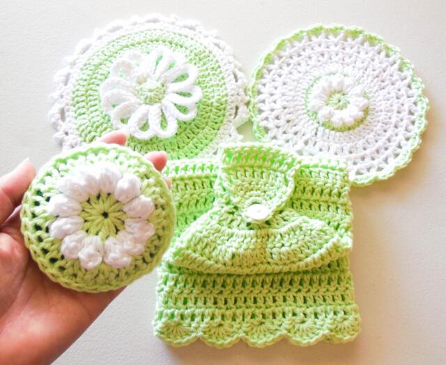 Mint Crochet Kitchen Set - 100% Cotton Hanging Dish Towel Lace Washcloth Daisy Potholder Scrubbie - image 1