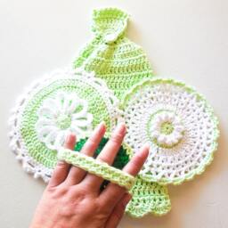 Mint Crochet Kitchen Set - 100% Cotton Hanging Dish Towel Lace Washcloth Daisy Potholder Scrubbie - thumbnail 2