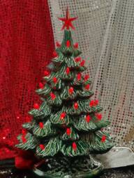 Handmade Bluegrass Glazed Ceramic Christmas Tree With Red Bulbs
