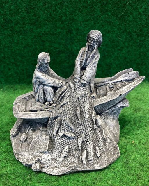 Small Concrete Fishermen in Boat Nautical Theme Garden Ornament - image 1