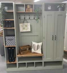 Handmade Pine Hallway Storage Bench With Cupboard - Narrow Boot Room Furniture
