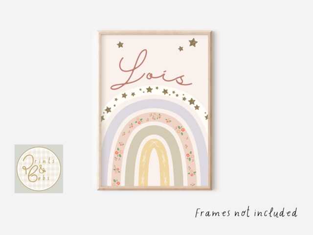Pretty Personalised Lilac & Sage Green Rainbow Featuring Bows, Flowers Stars. Perfect Girls Room Wall Art - Unframed