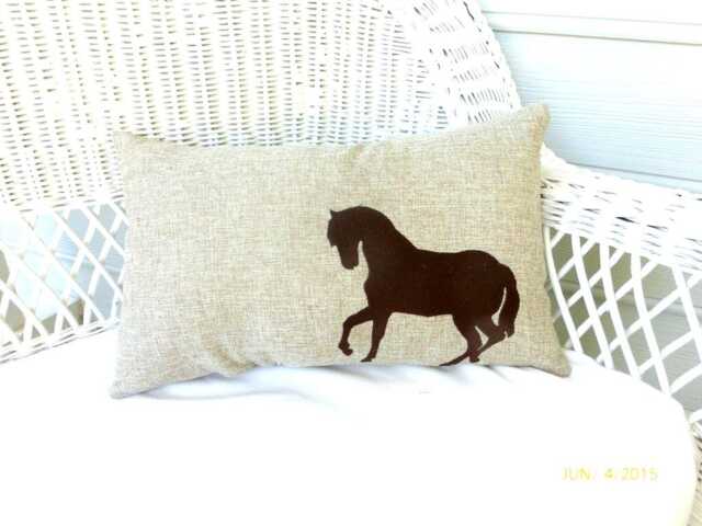 Embroidered Burlap Horse Pillow - Equestrian Lumbar Cushion - image 1
