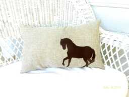 Embroidered Burlap Horse Pillow - Equestrian Lumbar Cushion - thumbnail 1