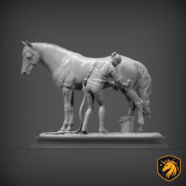 Woman Washing Horse - Unpainted Abs Resin Model - Realistic Equine Care Scene - image 1