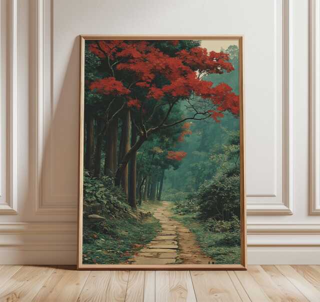 Forest Path Poster, Japanese Style Print, Red Maple Tree Wall Art, Nature Landscape Decor - image 1