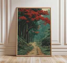 Forest Path Poster, Japanese Style Print, Red Maple Tree Wall Art, Nature Landscape Decor - thumbnail 1